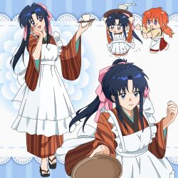 1boy 1girl apron arms_up blbndn277257 blue_eyes blue_hair blush blush_stickers brown_kimono chibi chibi_inset cross_scar cup dark_blue_hair facial_scar frilled_apron frills full_body hair_ribbon hand_on_own_cheek hand_on_own_face highres himura_kenshin holding holding_plate japanese_clothes kamiya_kaoru kimono long_hair long_sleeves looking_at_another looking_at_viewer multiple_views open_mouth orange_hair outstretched_arms parted_bangs pink_ribbon plate purple_eyes red_hair ribbon rurouni_kenshin sandals scar scar_on_cheek scar_on_face sidelocks striped_clothes striped_kimono upper_body white_apron wide_sleeves