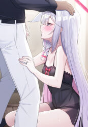 Rule 34 | 1boy, 1girl, bare shoulders, blue archive, fukemachi, grey eyes, hairband, long hair, looking at another, multicolored hair, plana (blue archive), smile, two-tone hair, white hair