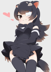 Rule 34 | 1girl, animal ears, apron, australian devil (kemono friends), bare shoulders, black apron, black hair, black shirt, black sleeves, blush, bow, bowtie, breasts, brown eyes, commentary request, detached sleeves, empty eyes, extra ears, eyepatch, fang, frilled apron, frills, gloves, grey background, hakusai o m t, heart, kemono friends, light brown hair, light smile, long hair, looking at viewer, medical eyepatch, multicolored hair, open mouth, pleated skirt, shirt, signature, skirt, solo, tail, tasmanian devil ears, tasmanian devil tail, thighhighs, thighs, two-tone hair, zettai ryouiki