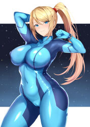 Rule 34 | 1girl, absurdres, arm up, blonde hair, blue bodysuit, blue eyes, blush, bodysuit, breasts, cameltoe, cleft of venus, closed mouth, covered erect nipples, covered navel, hand up, highres, large breasts, long hair, looking at viewer, metroid, mole, mole under mouth, nintendo, ponytail, ranhatu, samus aran, sidelocks, skin tight, smile, solo, swept bangs, zero suit
