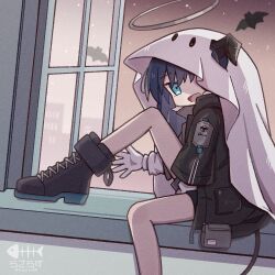 Rule 34 | 1girl, :d, arknights, bat (animal), black hair, black shorts, blue eyes, blue hair, boots, cross-laced footwear, demon horns, demon tail, foot out of frame, from side, ghost costume, gloves, halo, horns, horns through hood, jacket, long sleeves, looking at viewer, mostima (arknights), one eye covered, open clothes, open jacket, open mouth, rasarasu, shorts, smile, solo, tail, white gloves, window, windowsill