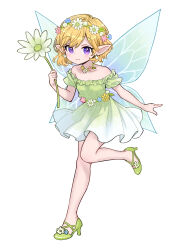 Rule 34 | 1girl, ama-tou, bare shoulders, blonde hair, blue flower, blue wings, closed mouth, commentary request, dress, elly (tonari no kyuuketsuki-san), fairy wings, flower, full body, green dress, green footwear, hair between eyes, hair flower, hair ornament, high heels, highres, off-shoulder dress, off shoulder, pink flower, pointy ears, puffy short sleeves, puffy sleeves, purple eyes, shoes, short sleeves, simple background, smile, solo, standing, standing on one leg, swept bangs, tonari no kyuuketsuki-san, white background, white flower, wings