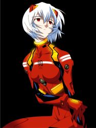 Rule 34 | alternate costume, ayanami rei, blue hair, character name, clothes writing, cowboy shot, from side, glowing, hair between eyes, interface headset, narrow waist, neon genesis evangelion, neon trim, plugsuit, red eyes, rindou (awoshakushi), short hair, simple background, sitting, skin tight, solo, white background