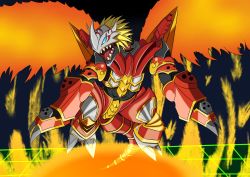 Rule 34 | absurdres, ancientgreymon, blue eyes, digimon, dragon, fire, highres, horns, mask, tail, wings