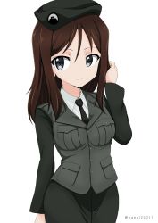 Rule 34 | 10s, 1girl, beret, black hat, black jacket, black necktie, black skirt, blue eyes, brown hair, commentary, dress shirt, emblem, girls und panzer, hand in own hair, hat, jacket, japanese tankery league (emblem), long hair, long sleeves, looking at viewer, megumi (girls und panzer), military, military hat, military uniform, necktie, one-hour drawing challenge, pencil skirt, selection university military uniform, shibagami, shirt, simple background, skirt, solo, standing, uniform, upper body, white background, white shirt, wing collar