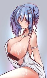 Rule 34 | 1girl, armlet, arms behind back, azur lane, backless dress, backless outfit, bar censor, bare shoulders, blue hair, breasts, censored, cleavage, commentary request, cum, cum on body, cum on breasts, cum on lower body, cum on upper body, dress, earrings, evening gown, from side, grey background, grey dress, hair between eyes, hair ornament, hairclip, halter dress, halterneck, highres, jewelry, large breasts, lzfvoid, necklace, one breast out, plunging neckline, purple eyes, revealing clothes, side ponytail, sidelocks, silver dress, st. louis (azur lane), st. louis (luxurious wheels) (azur lane), tears, thighs