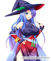 Rule 34 | 1girl, black gloves, blue eyes, breasts, daibouken! yukeyuke osawari island, dress, female focus, fingerless gloves, gloves, hand on own hip, hat, hat leaf, large breasts, long hair, open mouth, pointer, purple hair, re-so, solo, vial, white background, witch hat