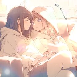Rule 34 | 2girls, black hair, black shorts, blonde hair, blush, closed eyes, closed mouth, commentary request, couple, hood, hood up, hoodie, lens flare, lens flare abuse, long hair, looking at another, marukana seimen, multiple girls, original, parted lips, purple eyes, shorts, sidelocks, twitter username, white hoodie, yuri