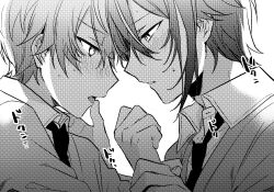 Rule 34 | 2boys, blush, cardigan, chanms, clenched hand, collared shirt, commentary, eye contact, face-to-face, finger to another&#039;s mouth, from side, greyscale, hair between eyes, halftone, hand on another&#039;s arm, heartbeat, highres, kamishiro rui, kamiyama high school uniform (project sekai), long bangs, looking at another, looking to the side, loose necktie, male focus, monochrome, multicolored hair, multiple boys, necktie, open collar, open mouth, parted lips, profile, project sekai, school uniform, shirt, short hair, simple background, sound effects, streaked hair, sweat, tenma tsukasa, two-tone hair, upper body, yaoi