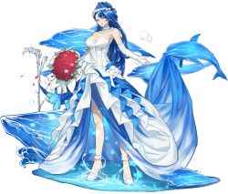Rule 34 | 1girl, ark order, artist request, blue eyes, blue hair, bouquet, breasts, bubble, choker, dolphin, dress, elbow gloves, flower, frilled choker, frills, gloves, hair flower, hair ornament, head wreath, high heels, highres, holding, holding bouquet, large breasts, long hair, looking at viewer, official art, poseidon (ark order), red flower, red rose, rose, solo, standing, standing on liquid, tachi-e, transparent background, very long hair, water, wedding dress, whale, white choker, white dress, white flower, white footwear, white gloves, white rose