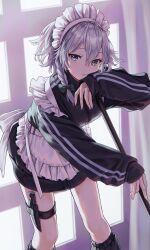 Rule 34 | 1girl, absurdres, apron, black dress, blue eyes, bored, bow, braid, commentary request, dress, green bow, grey hair, hair bow, highres, izayoi sakuya, looking at viewer, maid, maid apron, maid headdress, single braid, solo, torinari (dtvisu), touhou, track suit, unconventional maid, weapon in garters, white apron