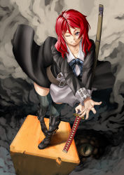 Rule 34 | 1girl, absurdres, blue eyes, boots, face, highres, katana, legs, long hair, one eye closed, original, perspective, realmbw, red hair, sheath, sheathed, smile, solo, sword, weapon, wink