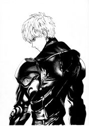 Rule 34 | 1boy, absurdres, black sclera, closed mouth, colored sclera, cyborg, expressionless, from behind, genos, greyscale, highres, jacket, joints, looking at viewer, looking back, male focus, manly, monochrome, murata yuusuke, official art, one-punch man, pen (medium), robot joints, short hair, solo, upper body
