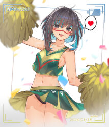 Rule 34 | 1girl, bare shoulders, black hair, black panties, blue hair, blush, breasts, cheerleader, collarbone, colored inner hair, confetti, crop top, facepaint, fate/grand order, fate (series), green skirt, green tank top, grey eyes, highres, holding, holding pom poms, looking at viewer, midriff, miniskirt, multicolored hair, navel, open mouth, panties, pom pom (cheerleading), pom poms, short hair, sidelocks, skirt, small breasts, smile, solo, tank top, tenochtitlan (fate), tenochtitlan (first ascension) (fate), thighs, underwear, ura illust