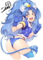 Rule 34 | 10s, 1girl, :d, animal ears, ass, back, blue eyes, blue gloves, blue hair, blue panties, blue theme, blue thighhighs, breasts, cropped legs, cure gelato, earrings, extra ears, fang, gloves, jewelry, kirakira precure a la mode, long hair, open mouth, panties, precure, short sleeves, sian, simple background, small breasts, smile, solo, tail, tategami aoi, thighhighs, underwear, very long hair, white background