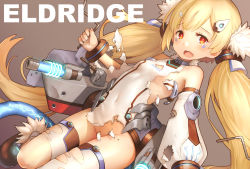 Rule 34 | 1girl, azur lane, bare shoulders, blonde hair, bracelet, breasts, brown background, cannon, character name, covered navel, detached sleeves, dress, eldridge (azur lane), hair ornament, hairpin, highres, holding, jewelry, kakinomai, long hair, looking at viewer, no panties, no pants, red eyes, simple background, small breasts, solo, thighhighs, torn clothes, torn thighhighs, twintails, very long hair, white dress, white thighhighs