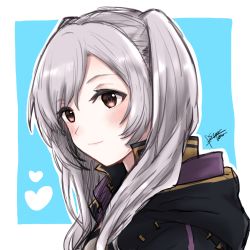 1girl blue_background blush brown_eyes closed_mouth fire_emblem fire_emblem_awakening heart highres long_hair misato_hao nintendo portrait robin_(female)_(fire_emblem) robin_(fire_emblem) signature silver_hair sketch smile solo swept_bangs twintails two-tone_background white_background