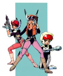 Rule 34 | 1980s (style), 3girls, blue eyes, bodysuit, boots, breasts, cleavage, gall force, gloves, green hair, gun, headgear, helmet, holding, holding gun, holding weapon, holstered, jewelry, kneeling, long hair, multiple girls, necklace, non-web source, official art, oldschool, open mouth, rabby, red eyes, red hair, retro artstyle, rifle, rumy (gall force), sandy newman, short hair, sleeveless, sleeveless jacket, sonoda ken&#039;ichi, standing, weapon