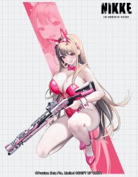 Rule 34 | 1girl, animal ears, bare shoulders, bow, bowtie, breasts, cleavage, copyright name, detached collar, dramz, fake animal ears, fake tail, floating hair, full body, goddess of victory: nikke, gun, hand up, high heels, highleg, highleg leotard, highres, holding, holding weapon, huge breasts, large breasts, leotard, light brown hair, long hair, looking at viewer, nail polish, official alternate costume, official art, open mouth, pantyhose, phone, pink bow, pink bowtie, pink eyes, pink footwear, pink leotard, playboy bunny, rabbit ears, rabbit tail, shotgun, strapless, strapless leotard, tail, teeth, thick thighs, thighs, upper teeth only, very long hair, viper (nikke), viper (toxic rabbit) (nikke), weapon, white pantyhose, wrist cuffs