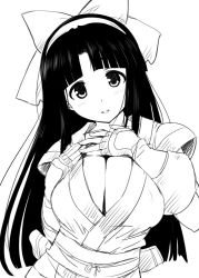 Rule 34 | 1girl, ainu clothes, alternate breast size, breasts, cleavage, fingerless gloves, gloves, hair ribbon, hands on own chest, hirowa nagi, large breasts, long hair, looking at viewer, monochrome, nakoruru, ribbon, samurai spirits, smile, snk, solo, upper body