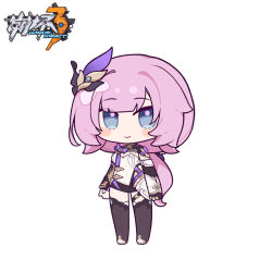 Rule 34 | 1girl, black shorts, black sleeves, blush stickers, breasts, chibi, cleavage, closed mouth, copyright name, elysia (honkai impact), elysia (miss pink elf) (honkai impact), eta, full body, honkai (series), honkai impact 3rd, long sleeves, looking at viewer, low ponytail, pink hair, ponytail, shirt, short shorts, shorts, simple background, sleeves past wrists, small breasts, smile, solo, standing, thighhighs, white background, white shirt