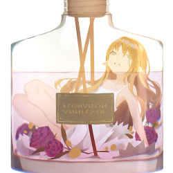 Rule 34 | 1girl, bare arms, bare shoulders, blonde hair, blue eyes, bottle, collarbone, cork, dress, echosdoodle, flower, hair between eyes, in bottle, in container, long hair, mini person, minigirl, mirrored text, original, pointy ears, purple flower, purple rose, rose, sign, simple background, sleeveless, sleeveless dress, solo, transparent, very long hair, white background, white dress