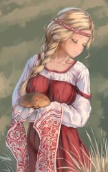 Rule 34 | 1girl, absurdres, barley, blonde hair, braid, braided ponytail, bread, closed eyes, closed mouth, dress, food, grass, headband, highres, holding, holding food, iskanderednaksi, long hair, long sleeves, original, outdoors, ponytail, red dress, shirt, shirt under dress, side ponytail, slavic clothes, solo, strap slip, sunlight, traditional clothes, traditional dress, white shirt