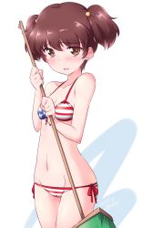 Rule 34 | 1girl, alisa (girls und panzer), alternate hair ornament, american flag, american flag bikini, bikini, blush, breasts, broom, brown eyes, brown hair, cameltoe, cleavage, commentary, cowboy shot, dated, flag print, freckles, front-tie bikini top, front-tie top, frown, girls und panzer, groin, hair bobbles, hair ornament, highres, holding, holding broom, kuzuryuu kennosuke, looking at viewer, lowleg, lowleg bikini, navel, one-hour drawing challenge, open mouth, print bikini, short hair, short twintails, side-tie bikini bottom, simple background, small breasts, solo, standing, swimsuit, tearing up, twintails, twitter username, white background