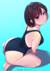 Rule 34 | 1girl, absurdres, all fours, ass, back, bare shoulders, blue background, blue one-piece swimsuit, blush, breasts, brown hair, closed mouth, hair ornament, hairclip, highleg, highleg swimsuit, highres, kagematsuri, kneeling, large breasts, leaning forward, looking at viewer, one-piece swimsuit, original, purple eyes, simple background, smile, solo, swimsuit, thighs
