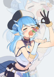 Rule 34 | 1girl, absurdres, black gloves, blue hair, blue nails, blush, breasts, cleavage, closed eyes, exitus, fang, food, gloves, hat, highres, holding, holding food, long hair, medium breasts, paroniie (vtuber), pointy ears, ruiuncle, single glove, solo, swept bangs