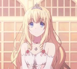 Rule 34 | 1girl, amagi brilliant park, animated, animated gif, bare shoulders, blonde hair, blue eyes, blush, closed mouth, drill hair, latifa fleuranza, long hair, lowres, princess, smile, solo, source request, tiara, twin drills