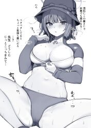 Rule 34 | 1girl, abi (abimel10), blue archive, blush, breasts, cleavage, commentary request, greyscale, hat, heavy breathing, highres, hot, large breasts, long sleeves, looking at viewer, midriff, monochrome, navel, official alternate costume, saki (blue archive), saki (swimsuit) (blue archive), simple background, sitting, solo, sweat, sweatdrop, translation request, white background