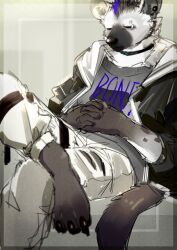 Rule 34 | 1boy, arknights, bare shoulders, black jacket, claws, closed eyes, commentary request, crossed legs, ear piercing, eyebrow piercing, furry, furry male, grey shirt, highres, hood, hooded jacket, hyena boy, hyena ears, hyena tail, infection monitor (arknights), jacket, male focus, omochi kuitai, own hands together, pants, piercing, shirt, sitting, spot (arknights), torn clothes, torn pants, white pants