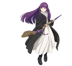 Rule 34 | 1girl, black coat, blunt bangs, boots, brown footwear, coat, dress, expressionless, fern (sousou no frieren), full body, holding, holding staff, long hair, mage staff, official art, open clothes, open coat, purple eyes, purple hair, solo, sousou no frieren, staff, transparent background, white dress