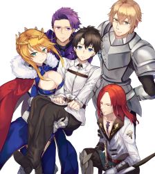 Rule 34 | 1girl, 4boys, ahoge, armor, armored boots, artoria pendragon (fate), artoria pendragon (lancer) (fate), belt, black hair, blonde hair, blue eyes, boots, braid, breastplate, breasts, brown eyes, brown hair, cape, chaldea uniform, cleavage, closed eyes, closed mouth, collarbone, commentary request, crown, fate/grand order, fate (series), faulds, french braid, fujimaru ritsuka (male), fur-trimmed cape, fur trim, gauntlets, gawain (fate), green eyes, hair between eyes, highres, kneeling, knights of the round table (fate), lancelot (fate/grand order), large breasts, long hair, looking at viewer, mosta (lo1777789), multiple boys, pauldrons, purple eyes, purple hair, red cape, red hair, sheath, sheathed, shoes, short hair, shoulder armor, sidelocks, simple background, smile, standing, sweatdrop, swept bangs, tristan (fate), white background