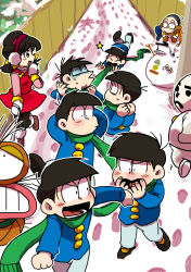 Rule 34 | 1girl, 6+boys, ankie, asphyxiation, black hair, brothers, chibita, dress, earmuffs, fence, footprints, gloves, highres, iyami, kemunpasu, matching outfits, matsuno choromatsu, matsuno ichimatsu, matsuno jyushimatsu, matsuno karamatsu, matsuno osomatsu, matsuno todomatsu, multiple boys, osomatsu-kun, osomatsu (series), paw print, scarf, sextuplets, shared clothes, shared scarf, short twintails, siblings, snow, snowman, strangling, sweat, twintails, walking, white gloves, yowai totoko