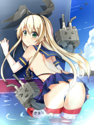 Rule 34 | 10s, 1girl, aircraft, airplane, ass, back, black panties, blonde hair, blush, breasts, elbow gloves, gloves, green eyes, highres, kantai collection, long hair, looking back, okutomi fumi, panties, partially submerged, personification, rensouhou-chan, shimakaze (kancolle), sideboob, skirt, small breasts, striped clothes, striped thighhighs, thighhighs, thong, topless, torn clothes, torn legwear, underwear