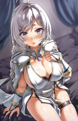Rule 34 | 1girl, ahoge, blush, braid, breasts, capelet, cleavage, dress, from above, highres, isekai milf hunter, korean commentary, large breasts, lhu (barappra1), long hair, looking at viewer, looking up, purple eyes, silver hair, sitting, skindentation, solo, sweatdrop, thigh strap, twin braids, very long hair, white capelet, white dress