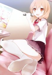 Rule 34 | 1girl, :d, absurdres, ass, blonde hair, bow, couch, feet, foot focus, hair bow, highres, holding, karaoke, microphone, no shoes, oouso, open mouth, orange eyes, original, scan, school uniform, sitting, smile, soles, solo, table, thighhighs, toes, white thighhighs