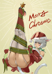 Rule 34 | 1girl, alternate costume, blush, bound, bound wrists, christmas, christmas star, dark-skinned female, dark skin, dress, final fantasy, final fantasy xiv, fur-trimmed dress, fur trim, hat, highres, liang jushuang, looking at viewer, miqo&#039;te, panties, red dress, red hat, santa costume, santa hat, solo, underwear, white panties, wrapped up, y&#039;shtola rhul