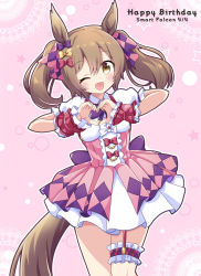 Rule 34 | 1girl, ;d, animal ears, blush, bow, breasts, brown bow, brown eyes, brown hair, center frills, character name, commentary request, dated, frills, hair between eyes, hair bow, happy birthday, heart, heart hands, horse ears, horse girl, horse tail, looking at viewer, massala, one eye closed, open mouth, pink background, pink skirt, pleated skirt, puffy short sleeves, puffy sleeves, purple bow, red bow, shirt, short sleeves, skirt, small breasts, smart falcon (umamusume), smile, solo, star (symbol), starry background, tail, twintails, umamusume, white shirt, wrist cuffs