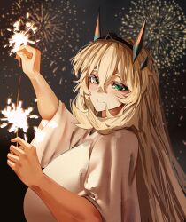 Rule 34 | 1girl, absurdres, barghest (fate), blonde hair, breasts, fate/grand order, fate (series), fireworks, green eyes, highres, huge breasts, long hair, looking at viewer, night, night sky, obazzotto, shirt, short sleeves, sky, smile, solo, sparkler, white shirt