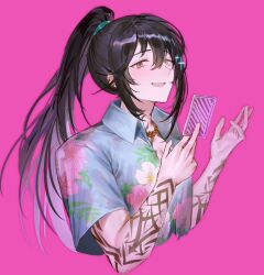 Rule 34 | 1boy, aqua eyes, black eyes, black hair, blue shirt, bonno sasu, card, hands up, heterochromia, high ponytail, holding, holding card, hong lu (project moon), jewelry, limbus company, long hair, necklace, open clothes, open mouth, open shirt, pink background, project moon, shirt, sidelocks, simple background, smile, solo, upper body, very long hair