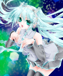 1girl aqua_hair detached_sleeves female_focus green_eyes hatsune_miku headphones nail_polish necktie open_mouth skirt solo tachibana_tou thighhighs twintails vocaloid