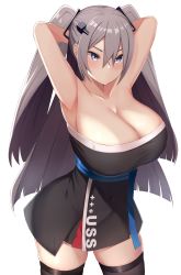 Rule 34 | 1girl, absurdres, armpits, arms behind head, arms up, azur lane, bare shoulders, black dress, black thighhighs, blue eyes, breasts, cleavage, closed mouth, clothes writing, collarbone, commentary request, commission, covered navel, cowboy shot, dress, grey hair, hair between eyes, highres, intrepid (azur lane), large breasts, long hair, no mole, partial commentary, shidaidaka, short dress, sidelocks, simple background, skeb commission, skindentation, solo, standing, strapless, strapless dress, taut clothes, taut dress, thighhighs, two side up, underbust, very long hair, white background, zettai ryouiki