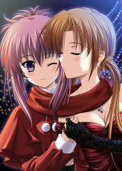Rule 34 | 00s, 2girls, alternate costume, black gloves, blush, breasts, brown hair, capelet, chikage (sister princess), cleavage, cross, cross earrings, cross necklace, dress, earrings, elbow gloves, evening gown, closed eyes, gloves, greek cross, holding hands, incest, jewelry, lace, lace gloves, long hair, looking at another, masakichi (crossroad), medium breasts, multiple girls, necklace, one eye closed, pom pom (cheerleading), ponytail, profile, purple eyes, purple hair, sakuya (sister princess), scarf, shared clothes, shared scarf, sister princess, upper body, yuri