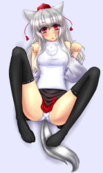 Rule 34 | 1girl, :&lt;, animal ears, asa inu, bad id, bad pixiv id, cameltoe, detached sleeves, female focus, full body, hat, inubashiri momiji, lying, on back, panties, paw pose, red eyes, silver hair, solo, tail, thighhighs, tokin hat, touhou, underwear, wolf ears, wolf tail