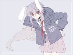 Rule 34 | 1girl, adapted costume, animal ears, clothes writing, coat, cowboy shot, english text, grey background, grey coat, leaning forward, long hair, long sleeves, looking at viewer, moi2m3, necktie, pink skirt, purple hair, rabbit ears, red eyes, red necktie, reisen udongein inaba, shirt, skirt, solo, touhou, white shirt