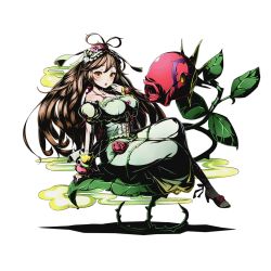 Rule 34 | 10s, 1girl, ankle ribbon, arm support, breasts, brown hair, divine gate, dress, floating hair, flower, full body, green dress, hair ornament, high heels, ibara (divine gate), large breasts, leg ribbon, long hair, looking at viewer, official art, open mouth, orange eyes, red flower, red ribbon, ribbon, shadow, sitting, solo, transparent background, ucmm, very long hair, wrist cuffs