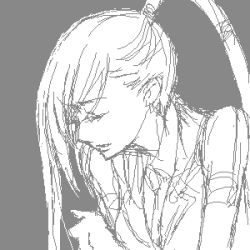 Rule 34 | 00s, 1girl, bare shoulders, closed eyes, code geass, grey background, greyscale, lowres, monochrome, parted lips, ponytail, sad, simple background, solo, upper body, villetta nu
